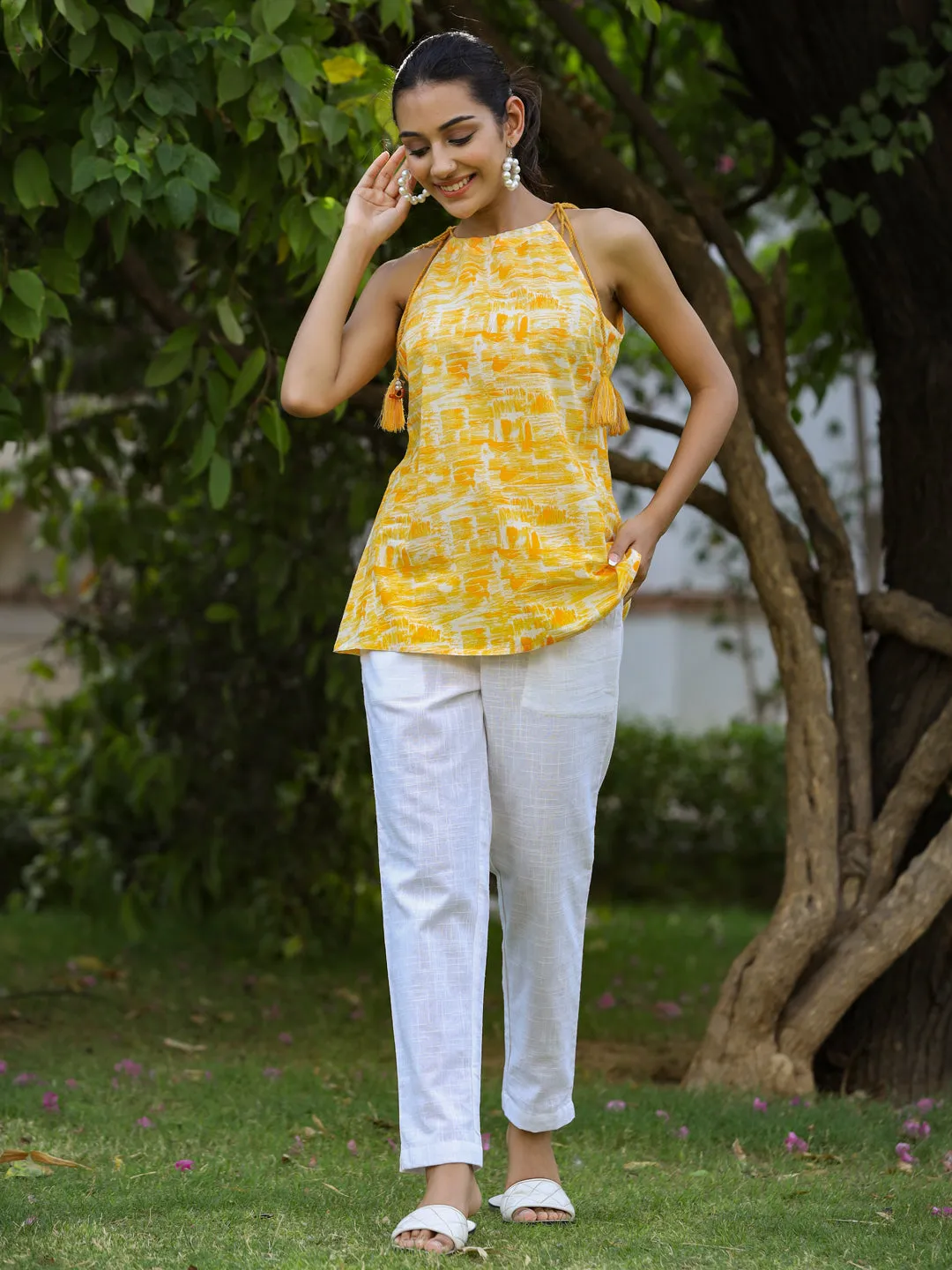 Yellow Ethnic Cotton Printed Tie-Up Top