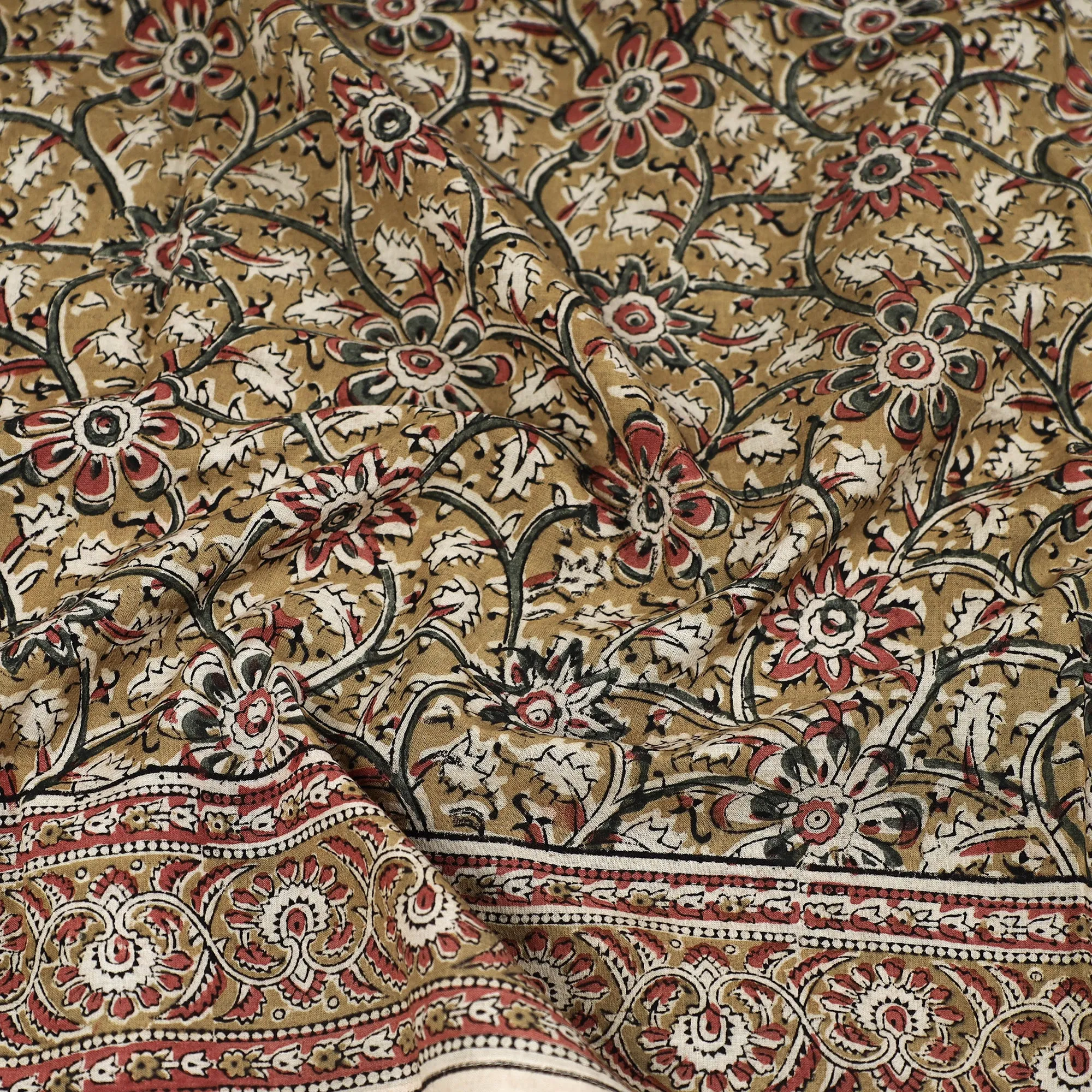 Yellow - Pedana Kalamkari Block Printed Natural Dyed Cotton Scarf 55