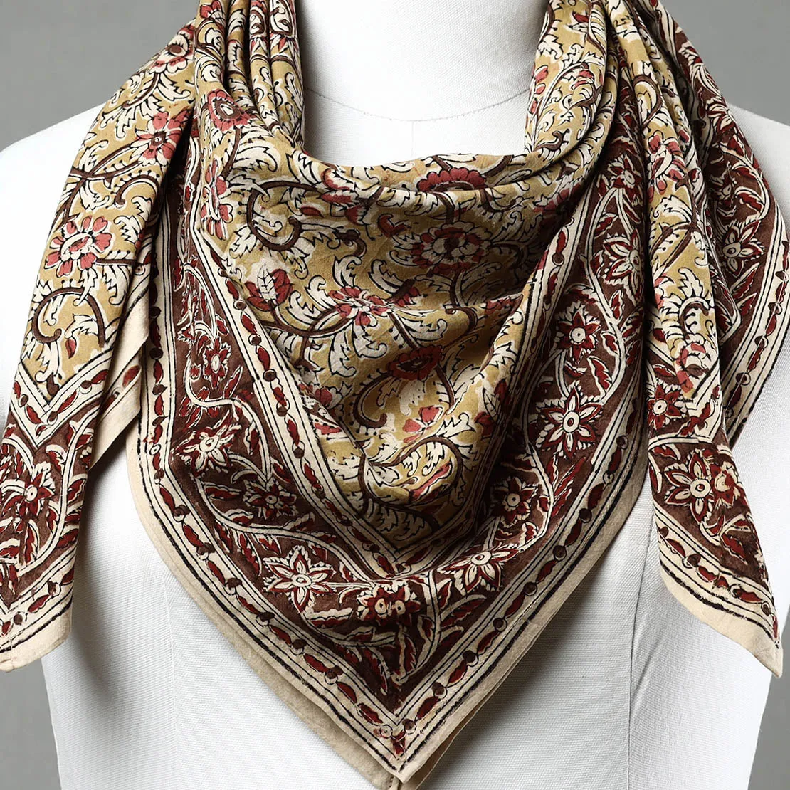 Yellow - Pedana Kalamkari Block Printed Natural Dyed Cotton Scarf 55